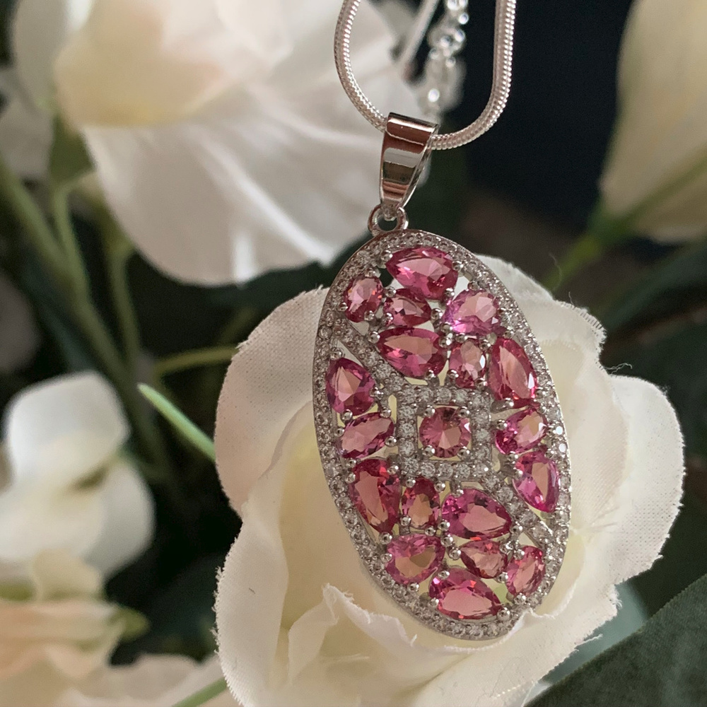Gorgeous Faceted Rubellite + White CZ Pendant
